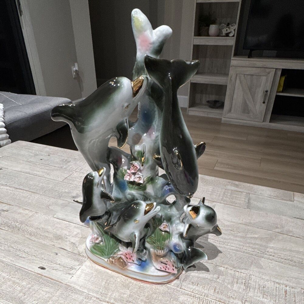 Large 15” Vintage Porcelain Dolphin Family Sculpture Gold Trim Coastal Ocean